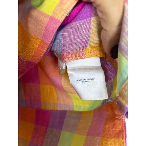 Lands' End Top Women's Multicolor Rainbow Plaid 100% Linen Short Sleeve 2X - Picture 5 of 8